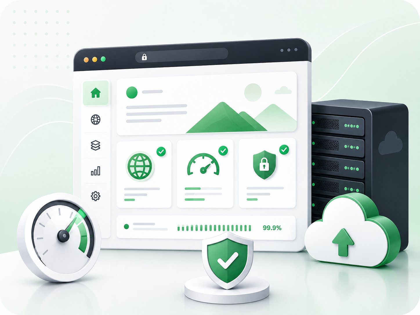 Web hosting servers with uptime and security indicators