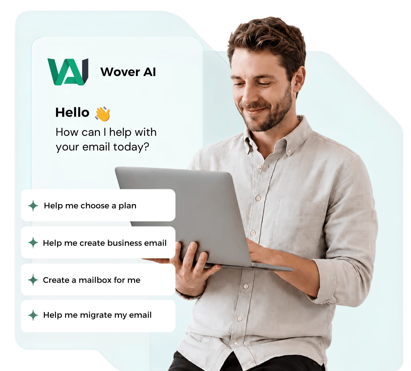 Wover AI assistant helping a professional choose a business email plan and manage mailboxes
